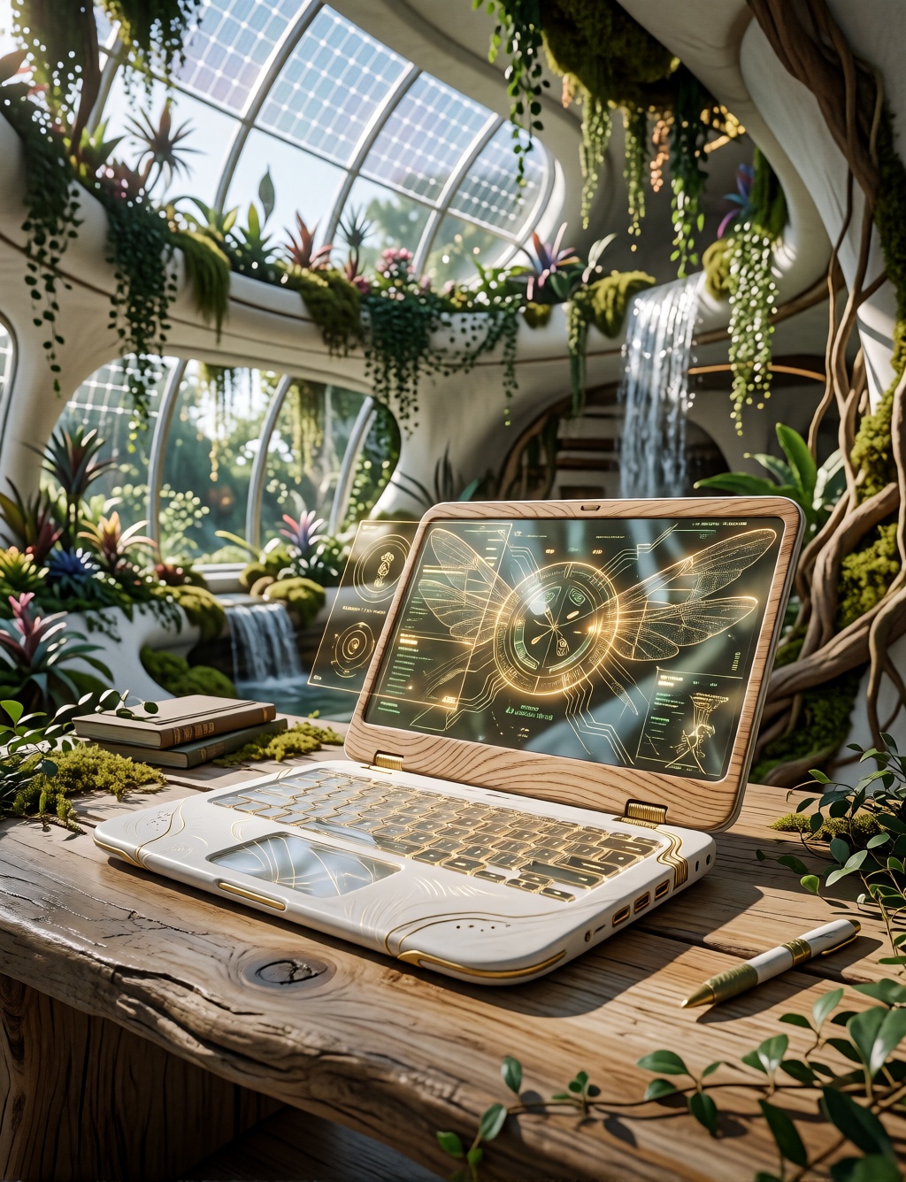 PROMPT: solarpunk-bio-style,  a futuristic slim laptop open on a desk,  the top lid made of light ash wood grain with holo...