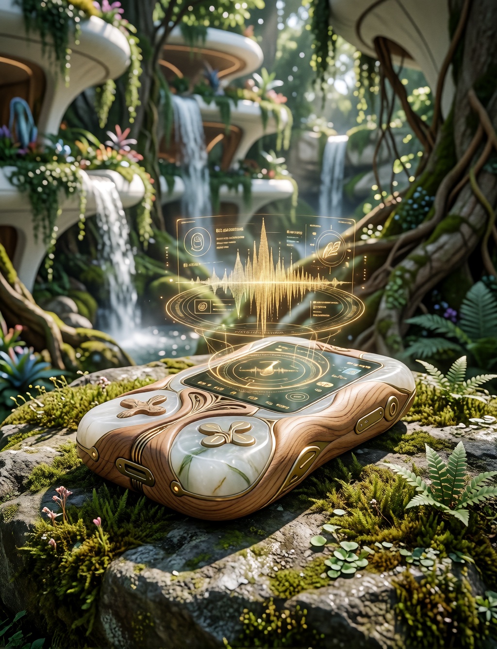 PROMPT: solarpunk-bio-style,  a handheld futuristic digital audio player,  carved from smooth white jade bio-ceramic and l...