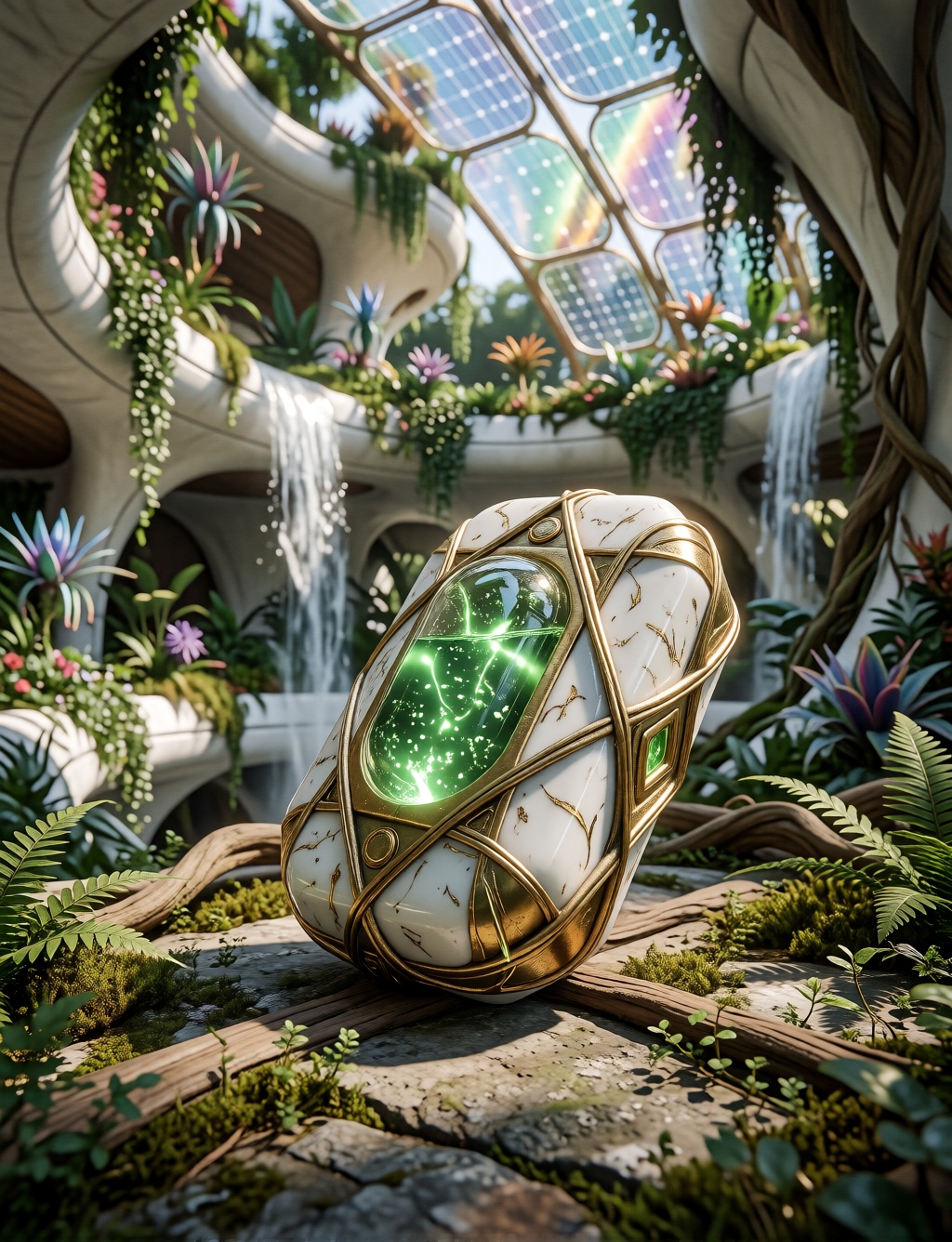 PROMPT: solarpunk-bio-style,  a small handheld data storage drive,  white porcelain casing with geometric gold leaf lacing...