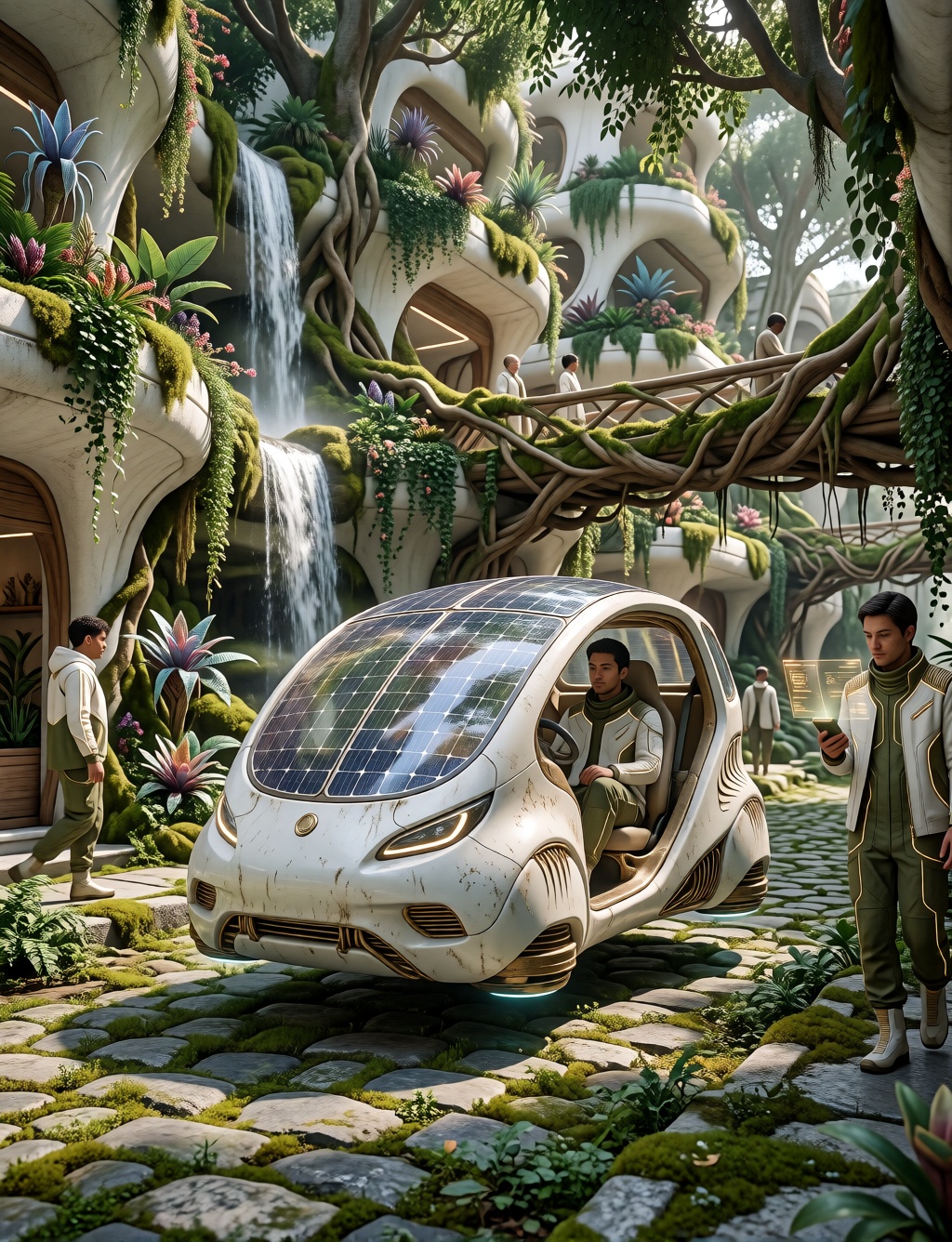 PROMPT: solarpunk-bio-style,  a compact two-seater urban sci-fi futuristic solarpunk hover car,  smooth white porcelain fi...