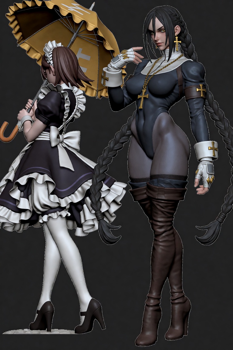 The image features two figures,  representing 2girls standing in a full body composition against a dark gray background. O...