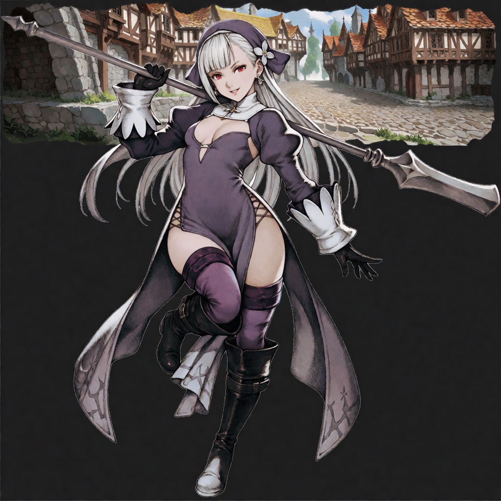 This full body digital illustration depicts a 1girl character standing in a solo pose. She has long white hair that falls...