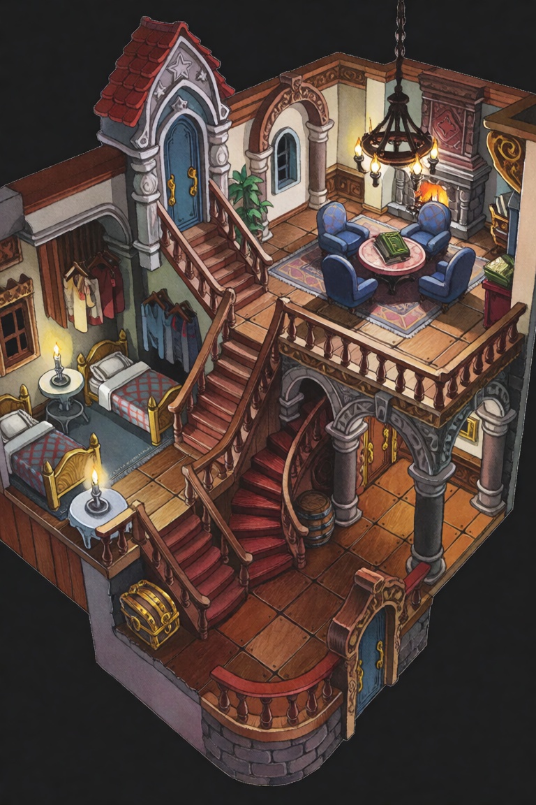 This illustration depicts the interior of a structured,  multi-level building rendered in a style reminiscent of tradition...