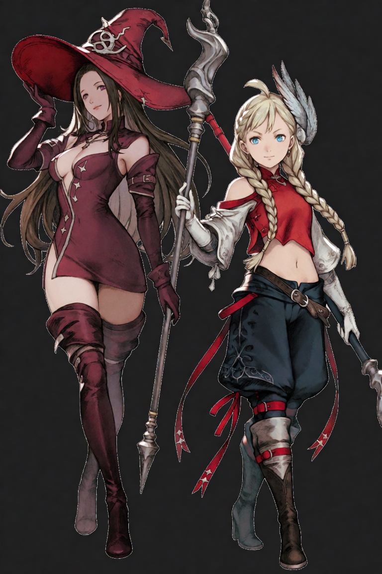 The provided image depicts 2girls standing side by side against a simple background of dark gray. The character on the lef...