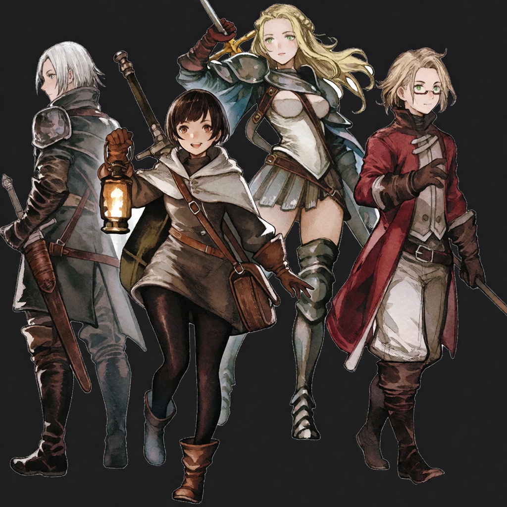 The provided image features a group of four characters depicted in a distinct painterly,  sketch-like art style characteri...
