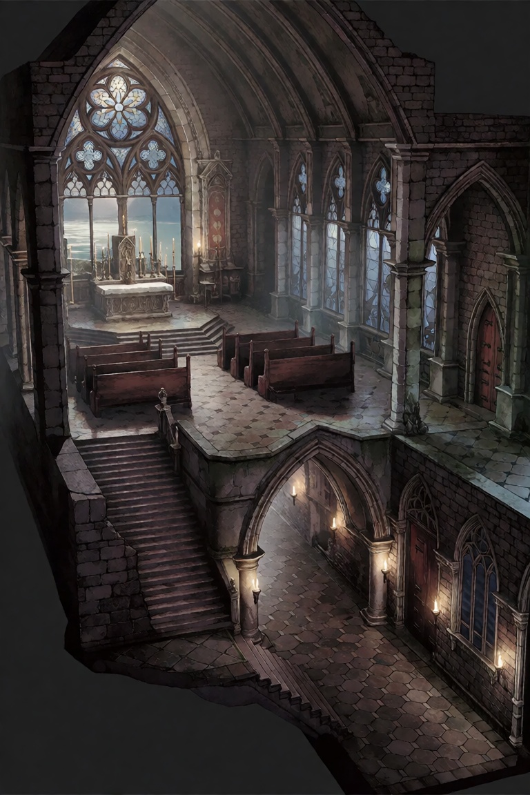 The image depicts a cutaway view of a cathedral or church interior,  rendered in a dark gray color scheme that suggests a...