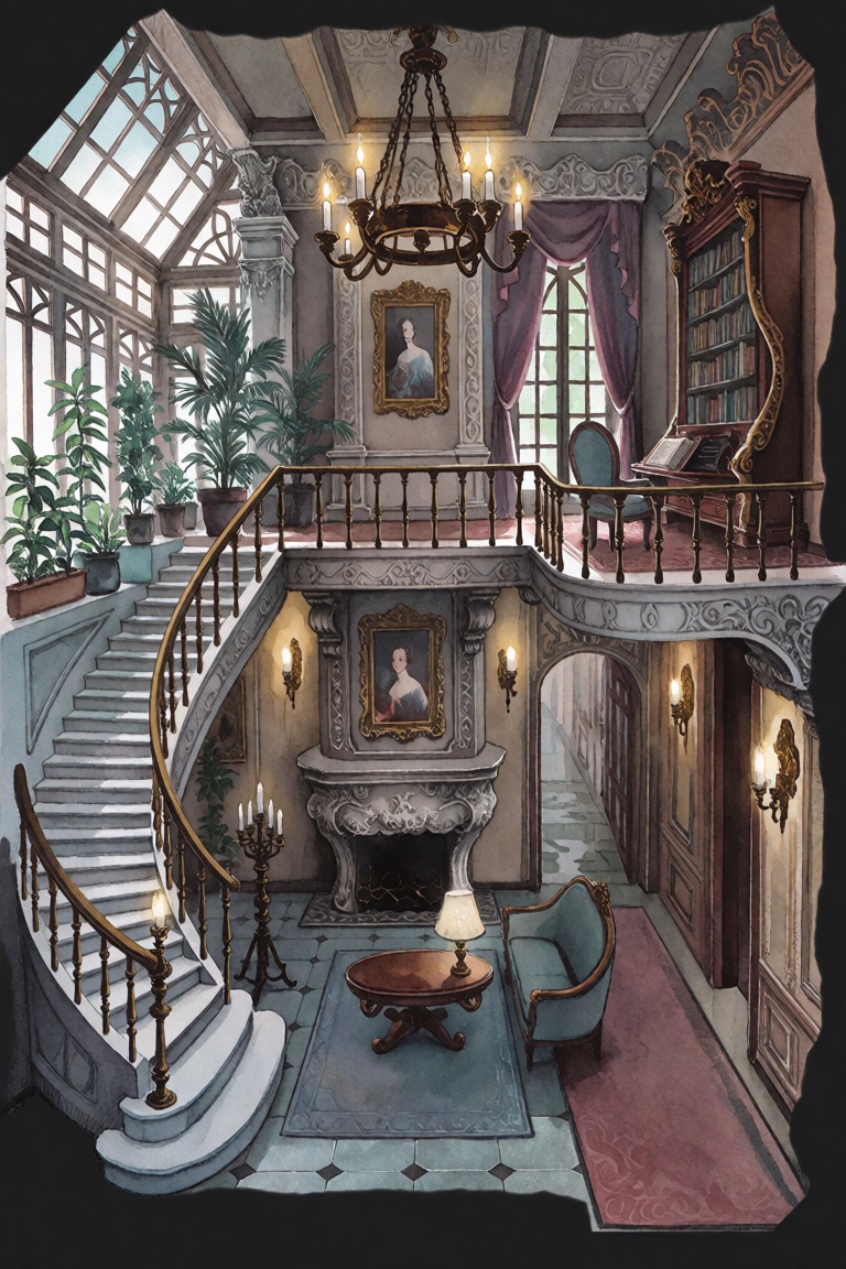 This illustration presents an interior view of a grand manor or estate,  rendered in a style reminiscent of traditional me...