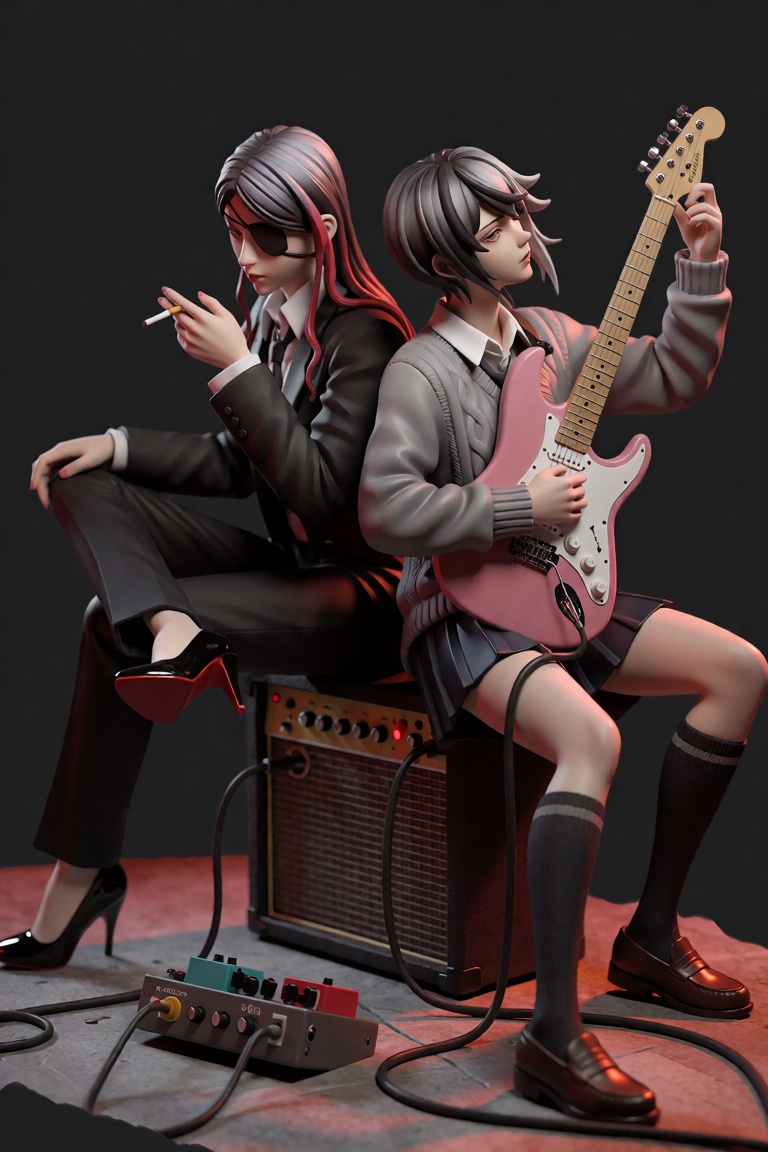 This image portrays two individuals sitting back-to-back in what appears to be a studio setting against a dark gray backgr...