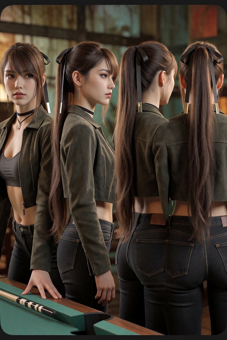 The image presents a composite character study of a single female subject shown in four distinct rotational perspectives....