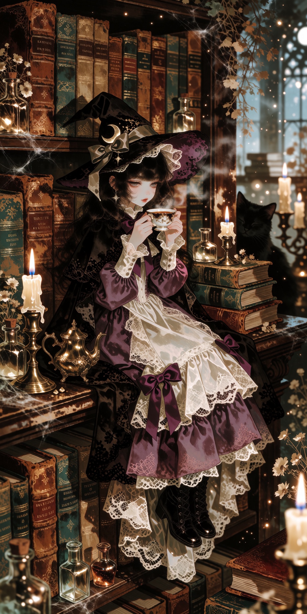 SUBJECT: A palm-sized witch girl sits on the narrow edge of an antique wooden bookshelf,  her long black hair cascading be...