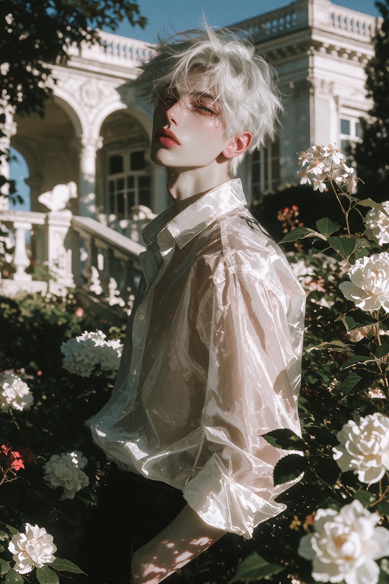 A handsome young man With gray eyes and messy white hair He's standing alone in a garden of a white villa looking up at th...