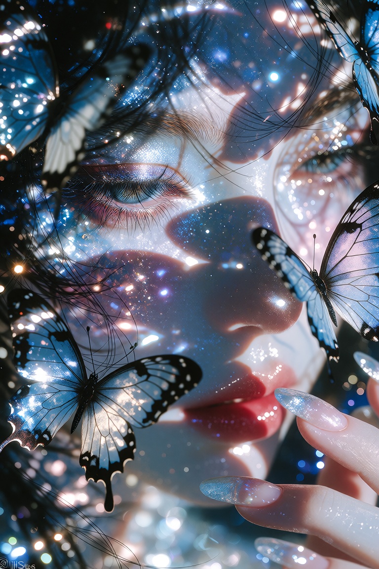 An ethereal cosmic portrait of a beautiful woman surrounded by shimmering blue light,  with multiple delicate,  iridescent...