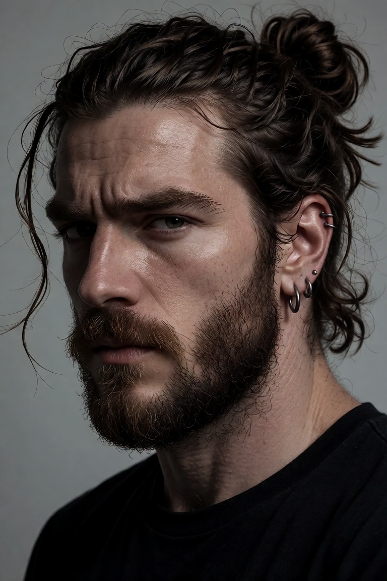 Extremely realistic photo of a handsome man with a rugged,  chiseled face and a strong jawline,  sporting a thick on Tenso...