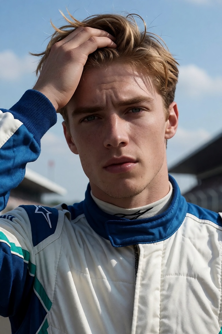 Extremely realistic photo of a young,  handsome male professional race car driver with a sharp,  angular jawline on Tensor...
