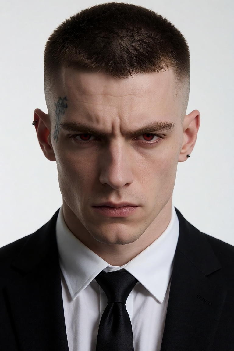 Extremely realistic photo of a handsome young man with a sharp,  buzz-cut hairstyle,  featuring a crisp fade on the sides...