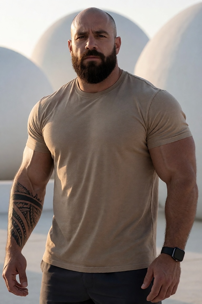 Extremely realistic photo of a large,  muscular,  bald man with a thick on Tensor.Art