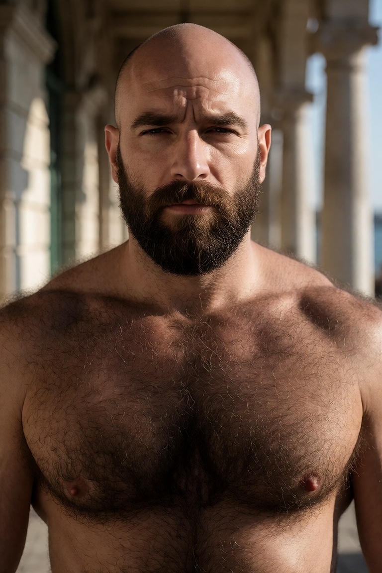 Extremely realistic photo of a middle-aged bald man with a full,  dense,  dark brown beard on Tensor.Art