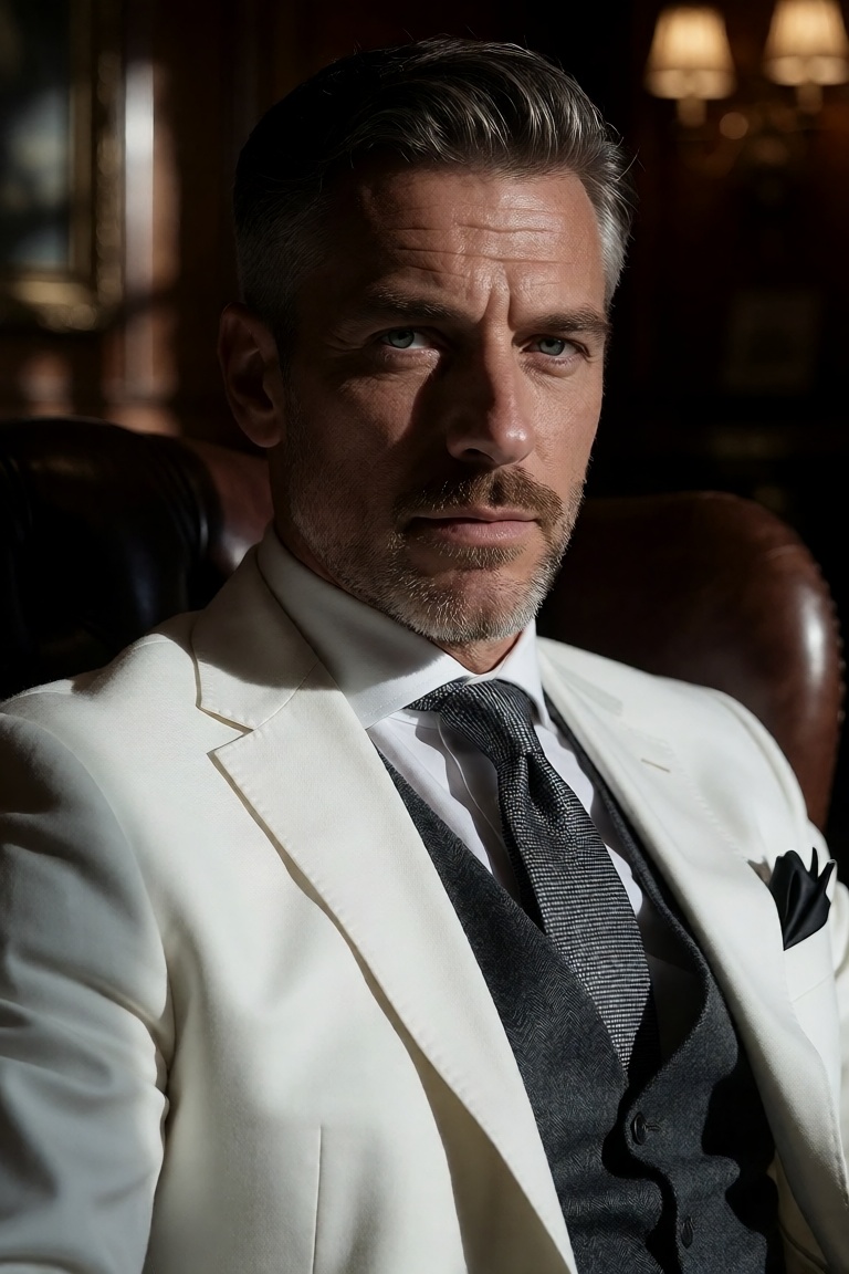 Extremely realistic photo of a sophisticated,  middle-aged man with sharp,  aristocratic features and silver-flecked dark...