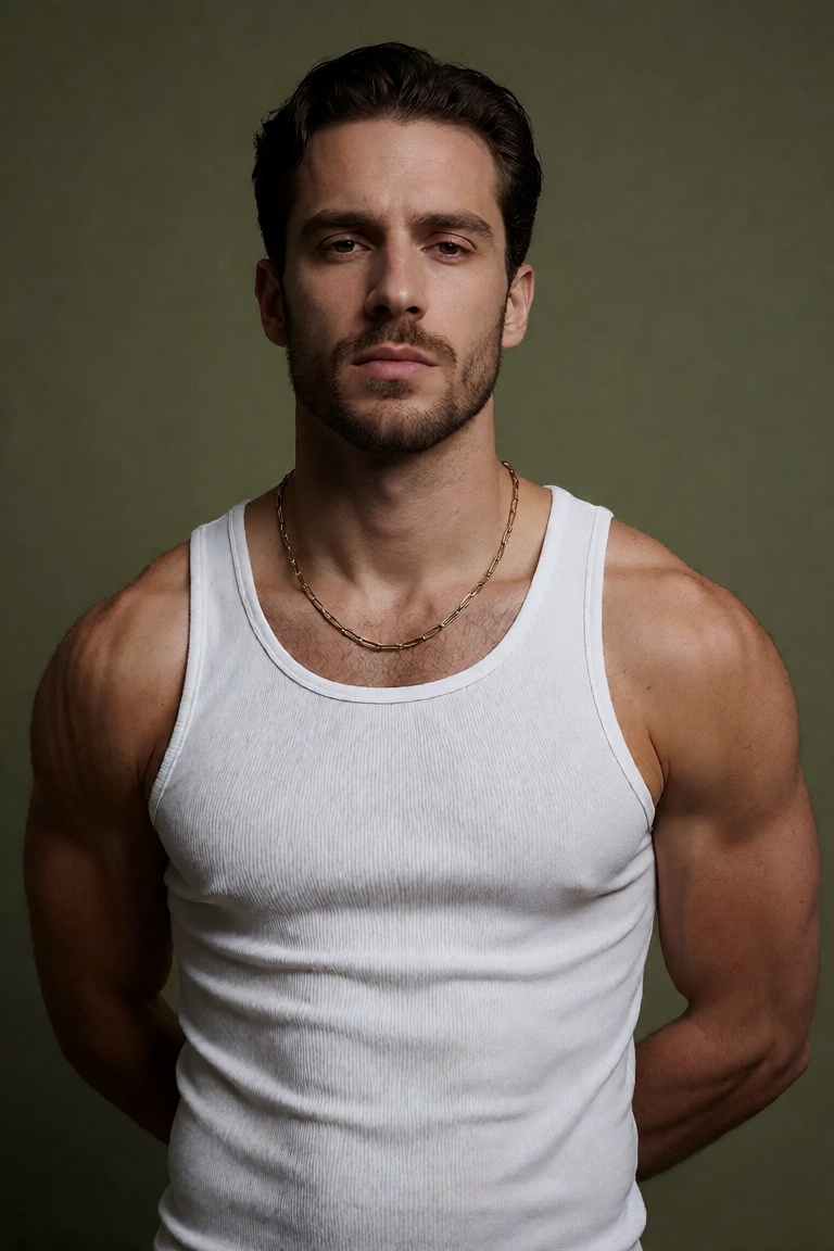 Extremely realistic photo of a young man with a Mediterranean complexion,  dark short hair styled back,  and a well-groome...
