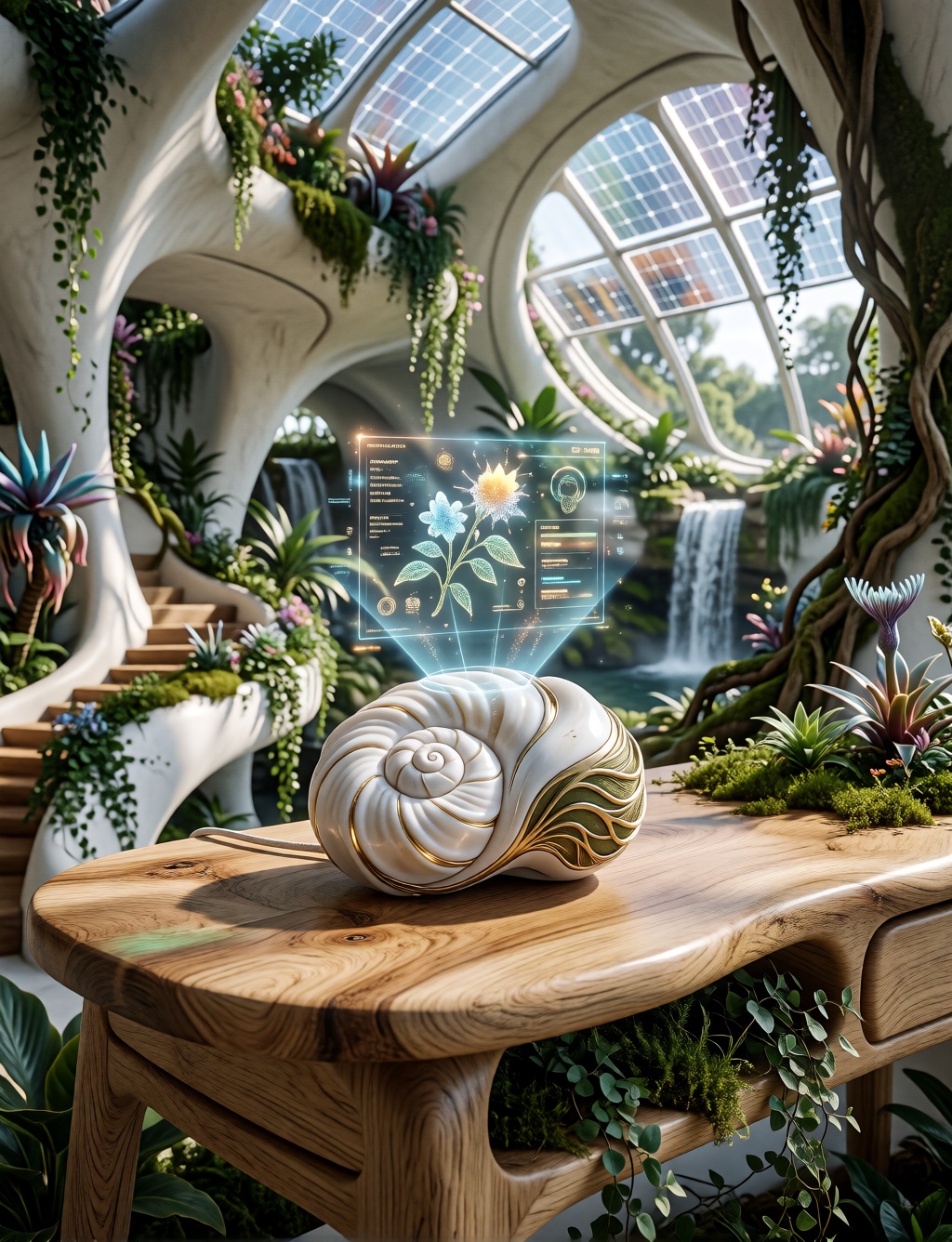 PROMPT: solarpunk-bio-style,  a smart home control hub gadget,  shaped like a smooth white spiral seashell on Tensor.Art