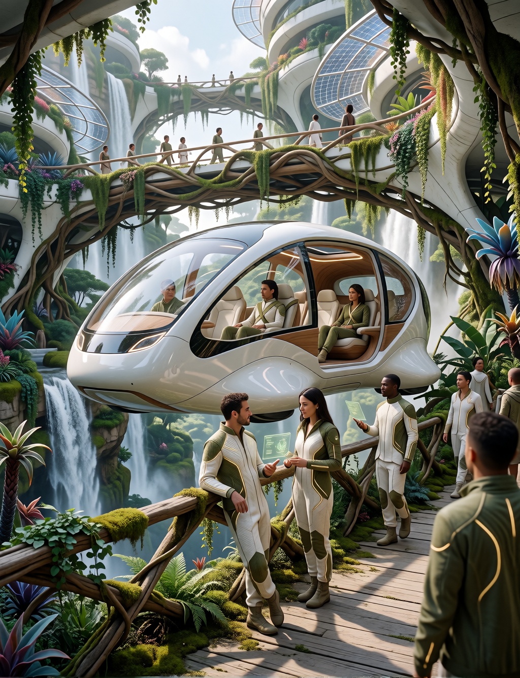 PROMPT: solarpunk-bio-style,  a large autonomous gravity-taxi hovering near a sky-bridge,  sleek droplet shape on Tensor.Art