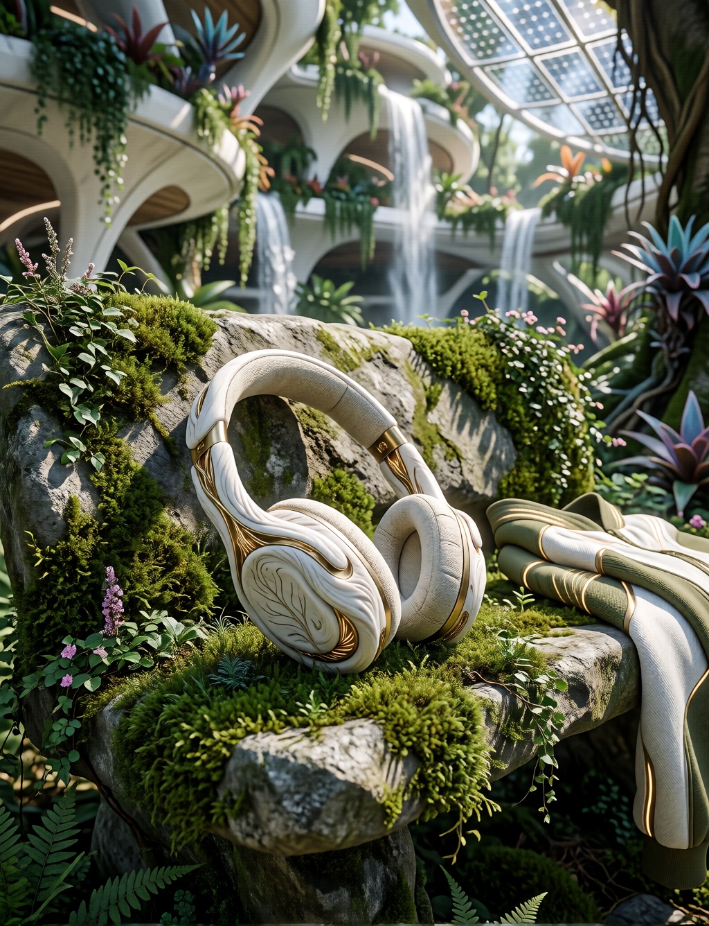 PROMPT: olarpunk-bio-style,  bone-conduction sports headphones,  sculpted from ultra-lightweight white plant-resin on Tens...
