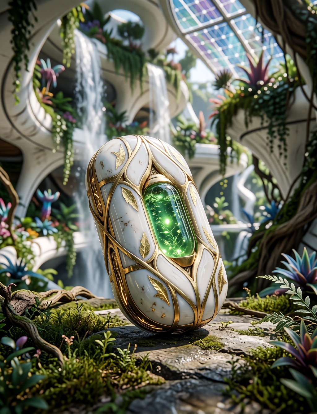 PROMPT: solarpunk-bio-style,  a small handheld data storage drive,  white porcelain casing with geometric gold leaf lacing...