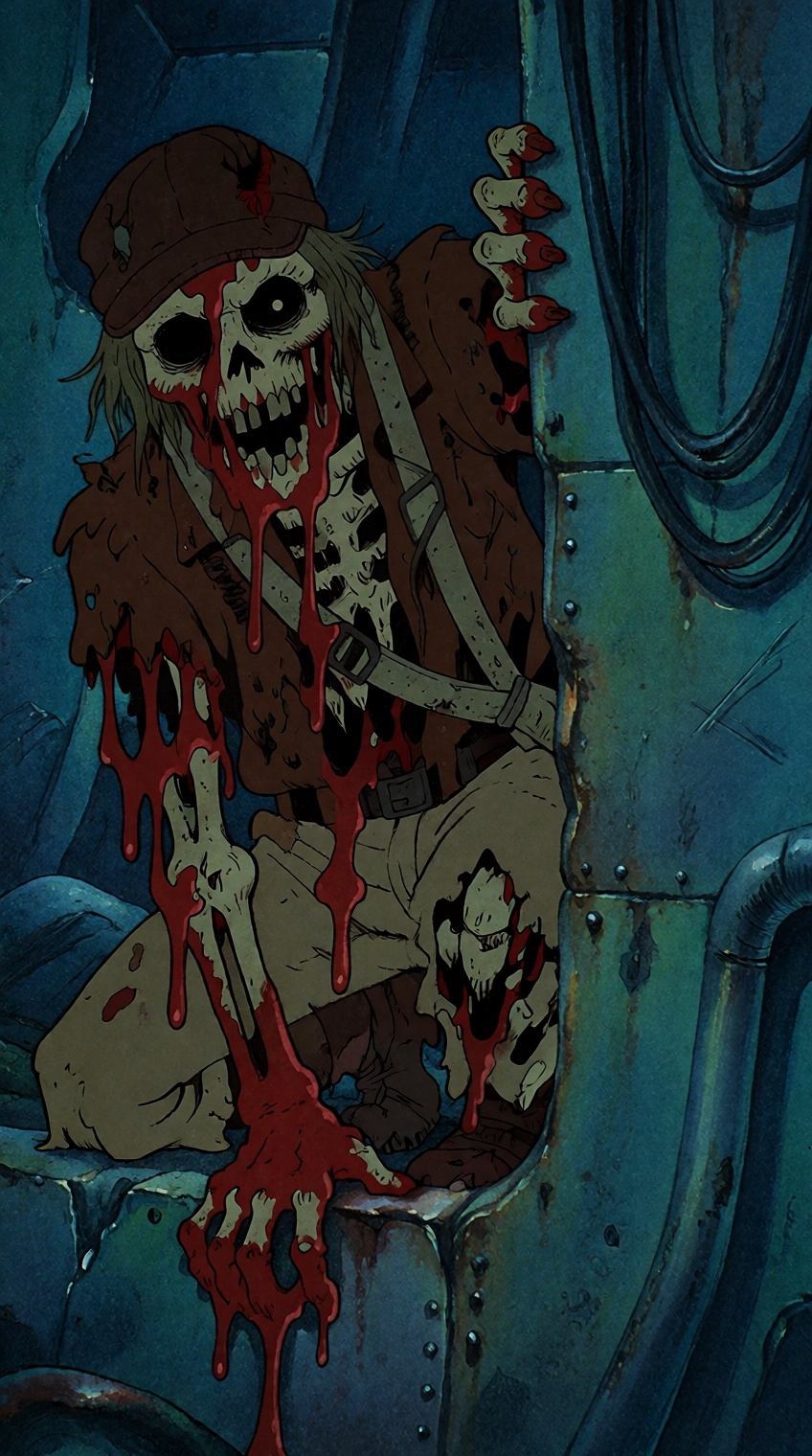 @heavymetal81_,  a skeletal zombie figure clings to a dark teal metallic surface in a grim,  retro-animated horror scene o...