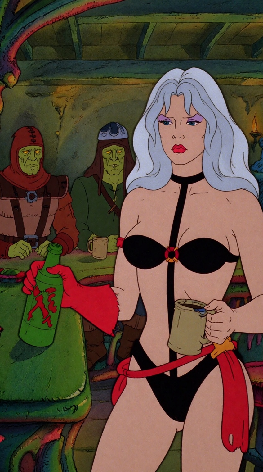 @heavymetal81_,  a cartoon scene set in a dimly lit bar or tavern with greenish-yellow walls,  in the foreground stands a...
