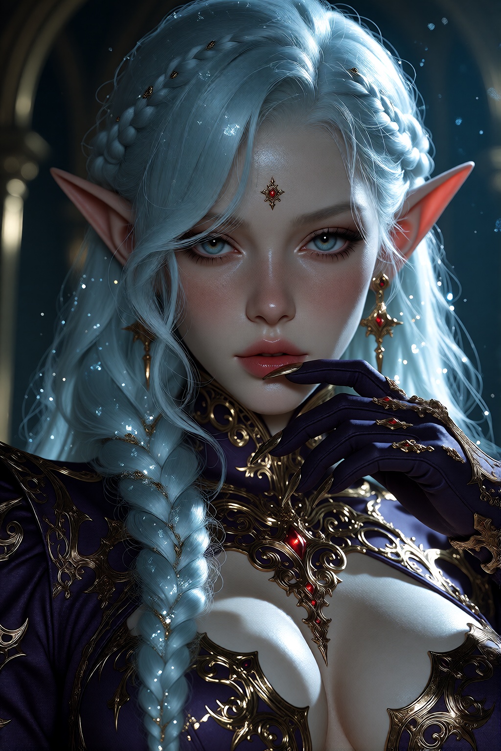 A highly detailed anime-style portrait of an ***** elf woman with long icy-blue hair,  soft side braids,  pointed ears on...