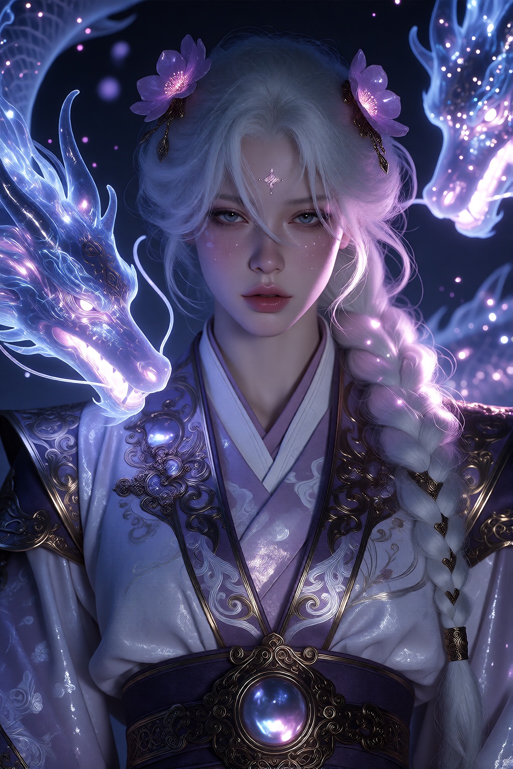 An ethereal,  stylized portrait features a fair-skinned figure with long,  flowing white hair and soft lavender eyes on Te...