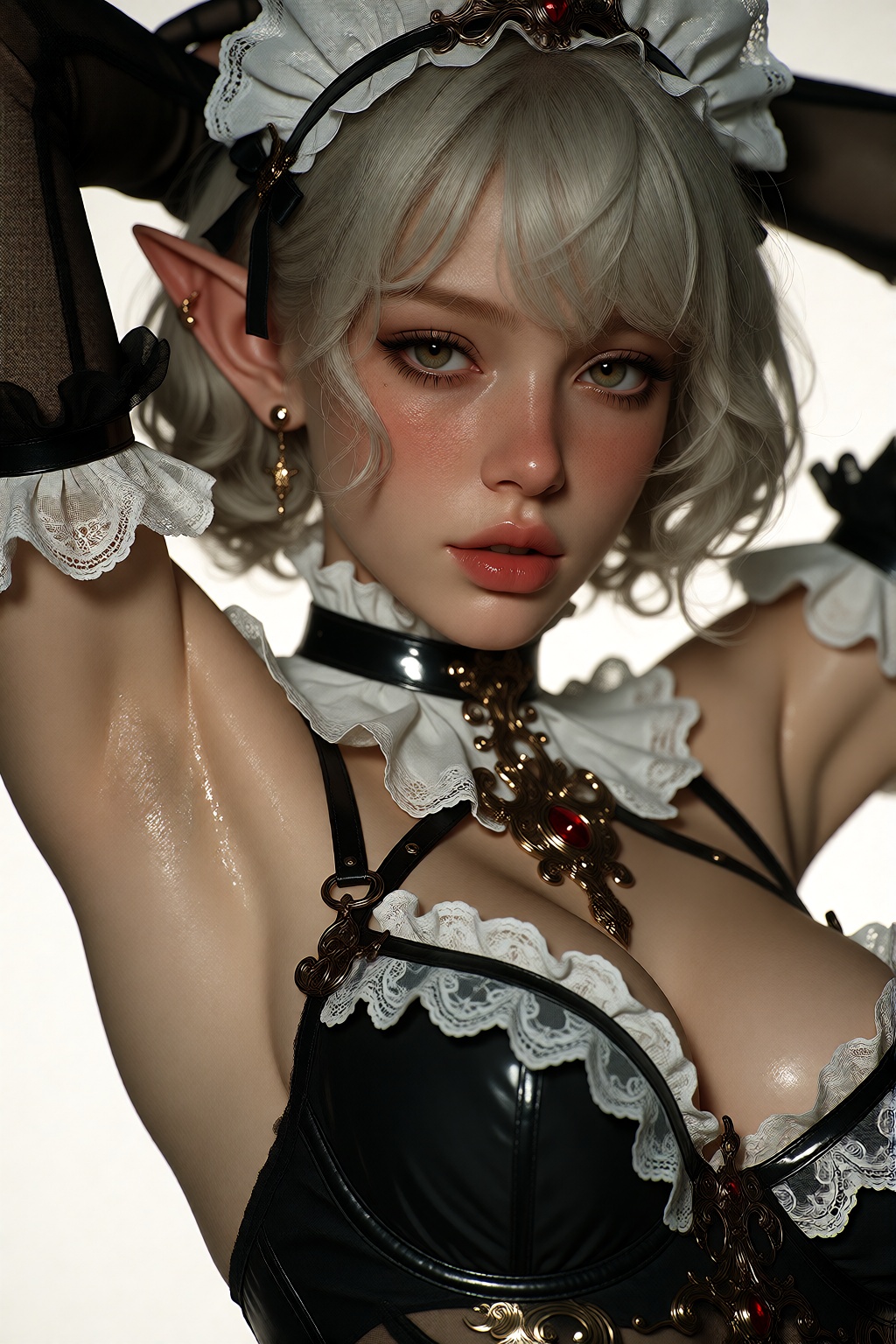 This image captures a beautiful elf woman in a close upper-body portrait against a simple white background. She has pale s...