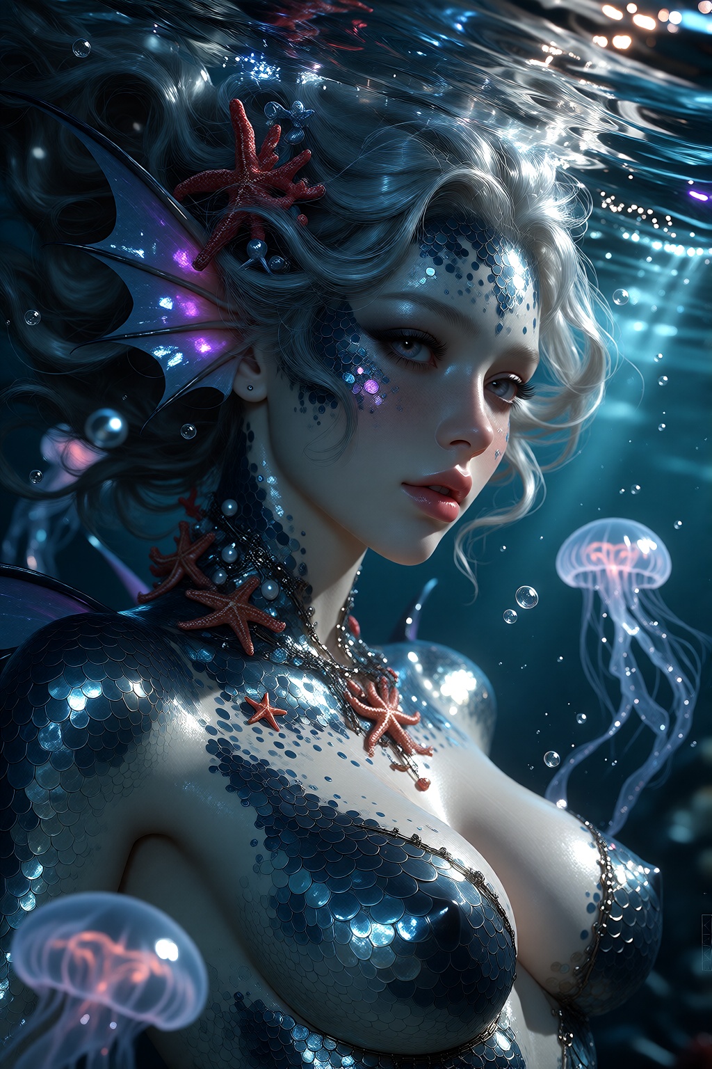 An anime-style digital illustration features a close-up portrait of a mermaid with long,  silver hair streaked with deep i...