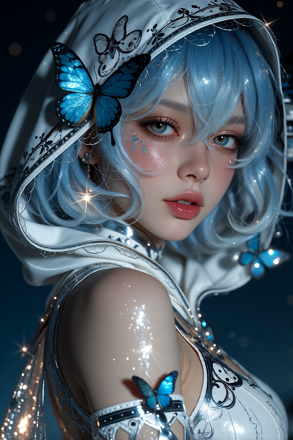 Capture cinematic visuals with a character featuring light blue hair styled in short hair,  adorned with light blue eyelas...