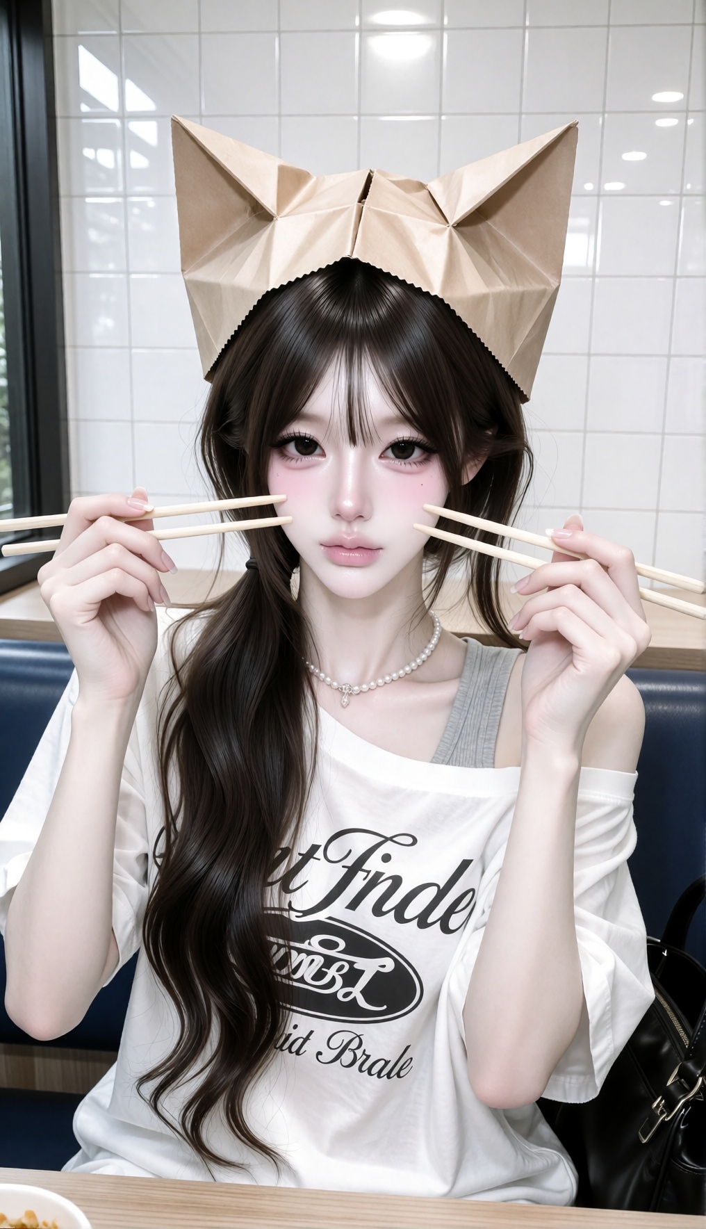 Playful quirky indoor lifestyle aesthetic,  fast-food date candid photography,  fun playful mood on Tensor.Art
