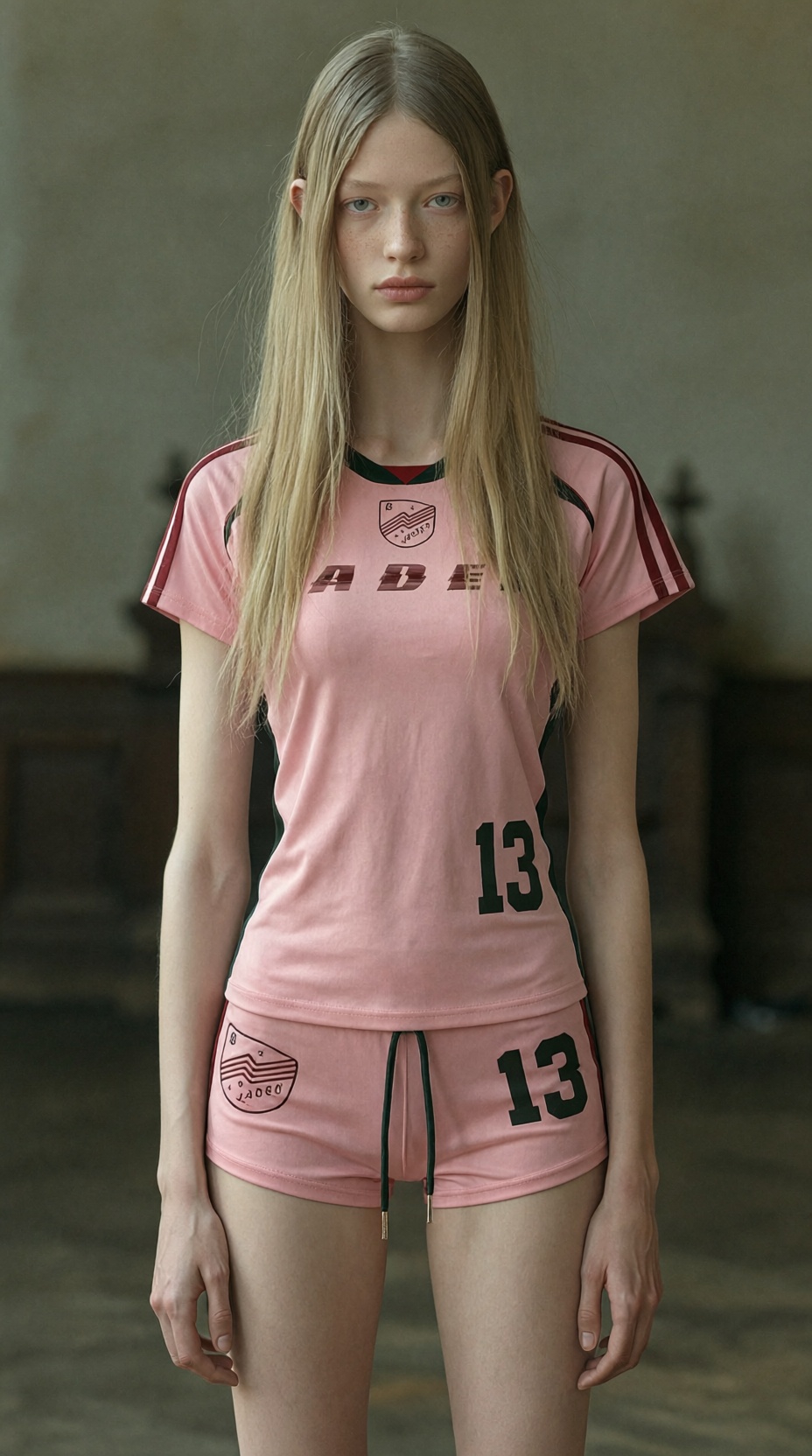 Dress the woman in with the full pink sports outfit from (pink "JADED" jersey with 13,  matching pink shorts). Keep her fa...