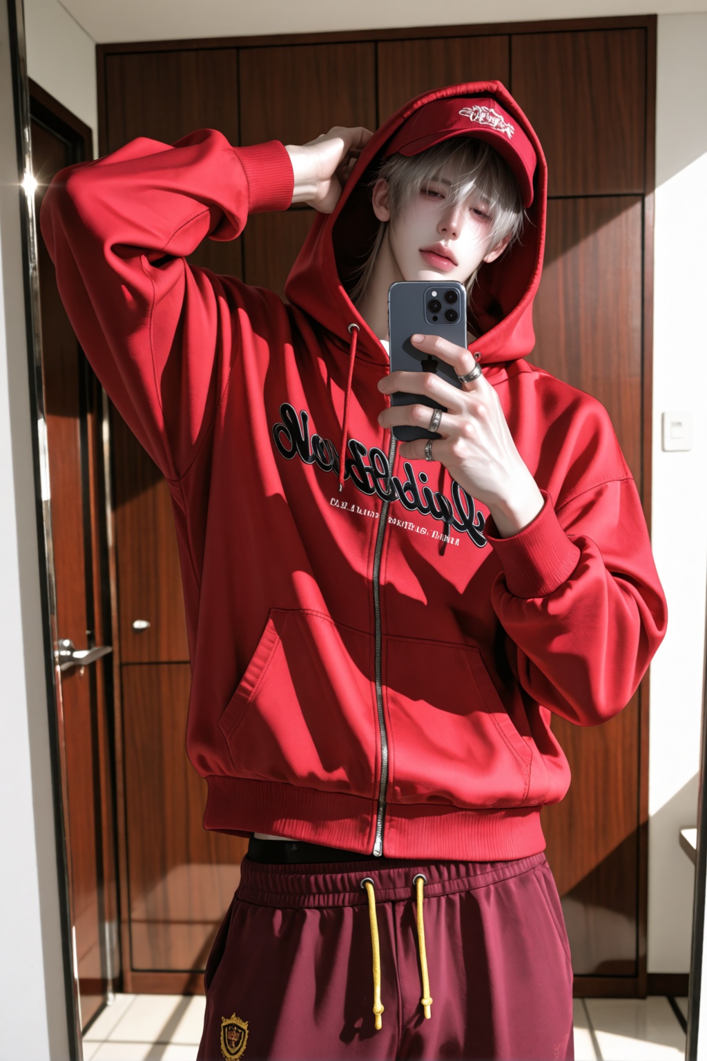 character: ,  casually taking a mirror selfie,  relaxed cool expression on Tensor.Art