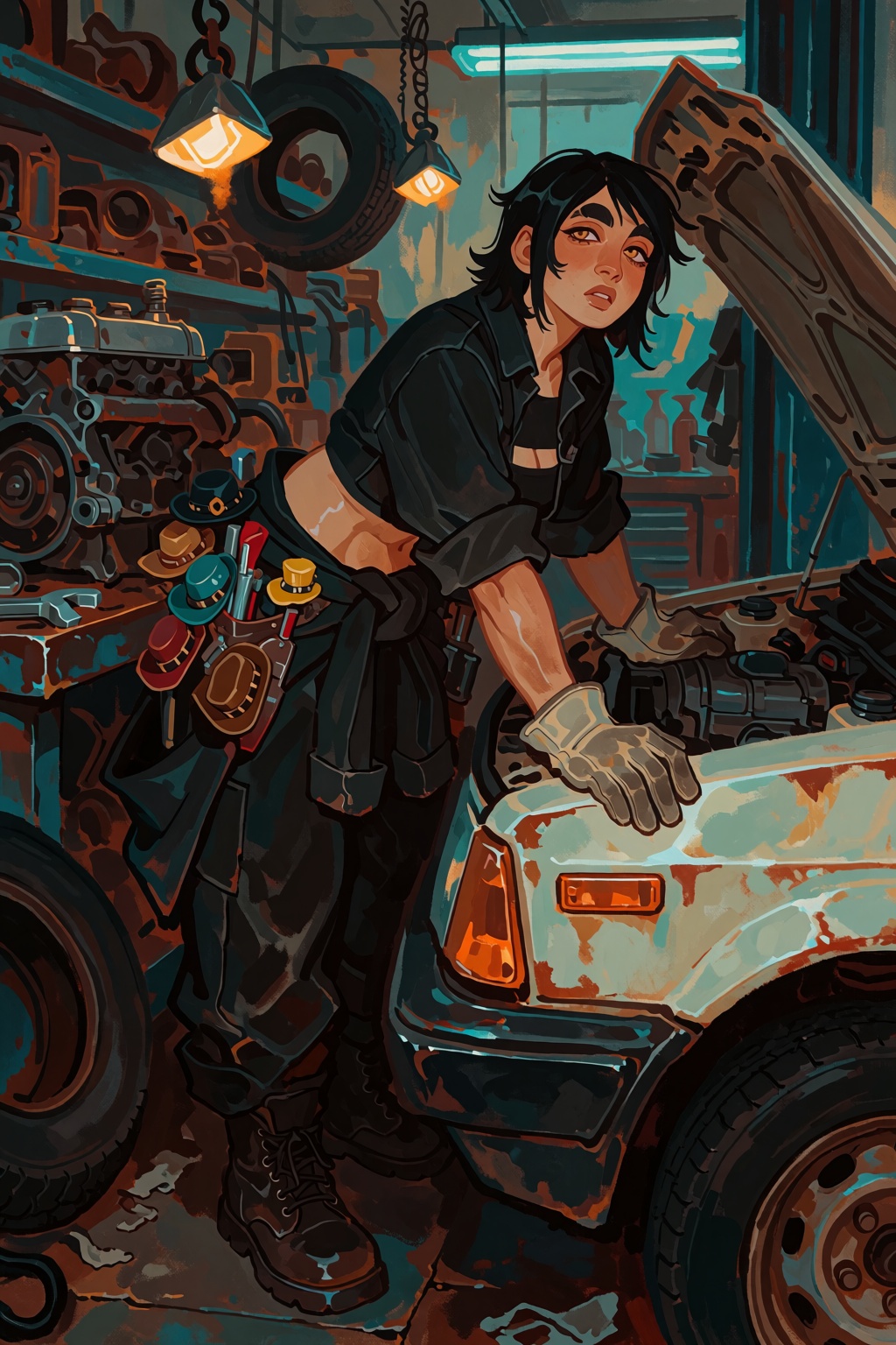 @facialdesign,  ***** female mechanic with a prominent squared chin,  strong broad jaw on Tensor.Art
