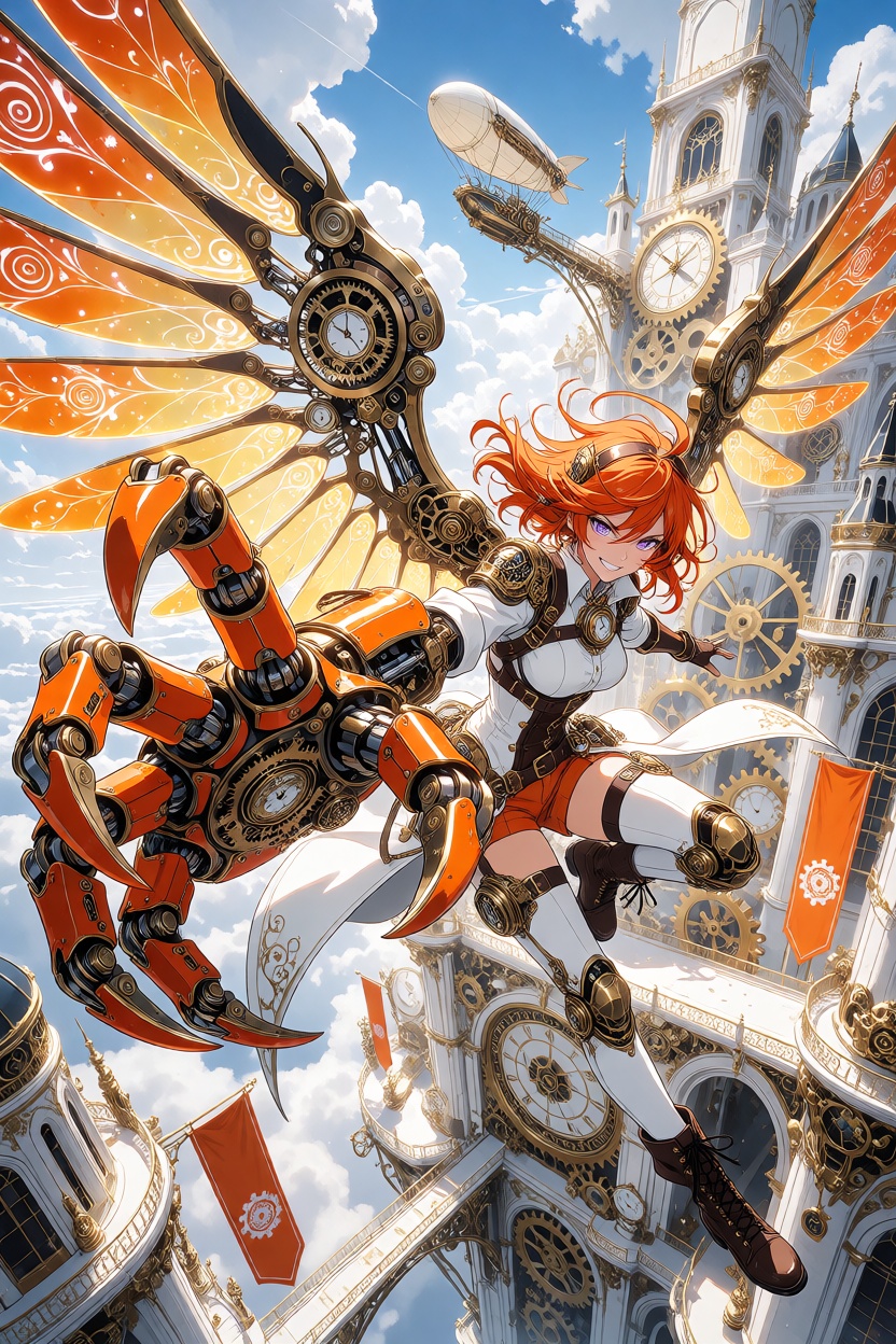 Create an extremely detailed,  vibrant 2D anime illustration of a beautiful ***** steampunk heroine flying through a magni...