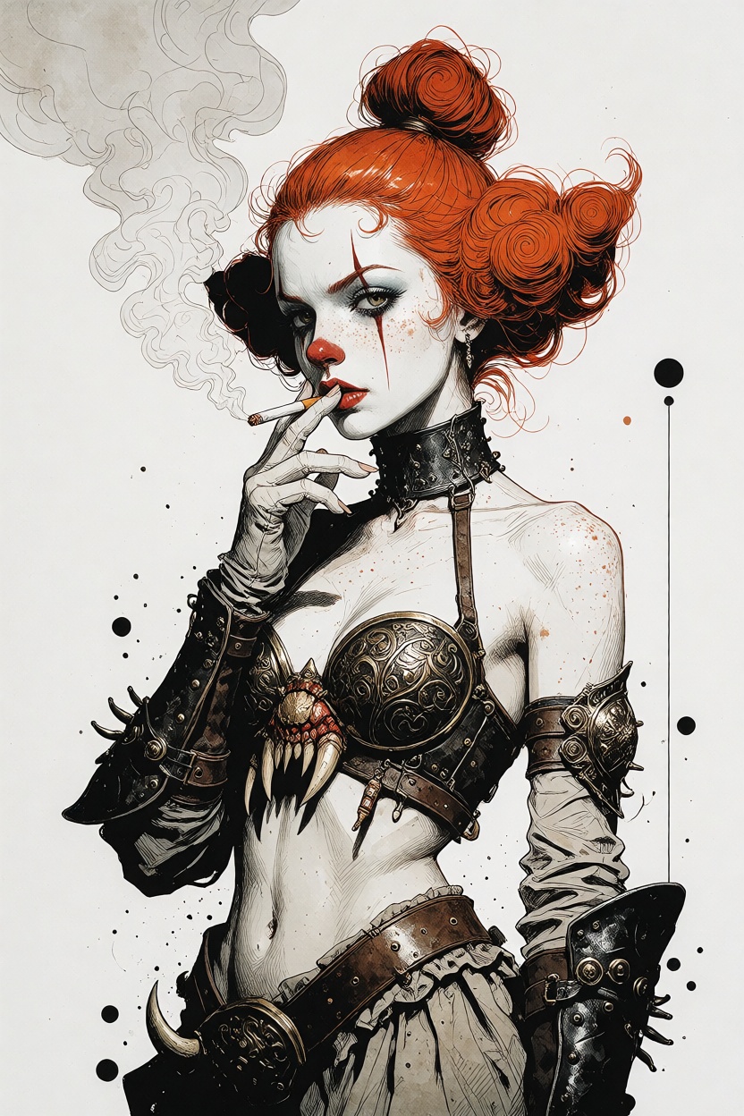 an old melancholic female clown smoking a cigarette,  with cool pale skin and striking contrast,  presented as a dramatic...