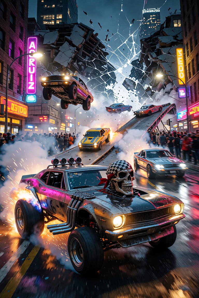 A chaotic cityscape bathed in the neon glow of streetlights is torn apart by a wild street race,  cars launching off ramps...