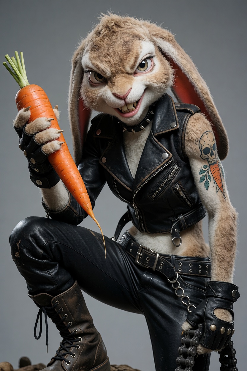 A highly detailed photorealistic image of an anthropomorphic rabbit woman with a lean,  athletic build,  long floppy ears...