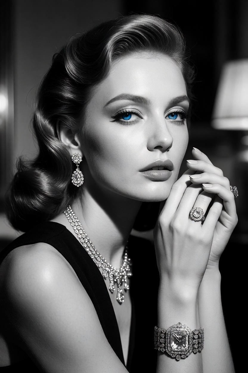 A luxury fashion portrait of a beautiful ***** woman,  black and white image with only her eyes in vivid blue,  elegant de...