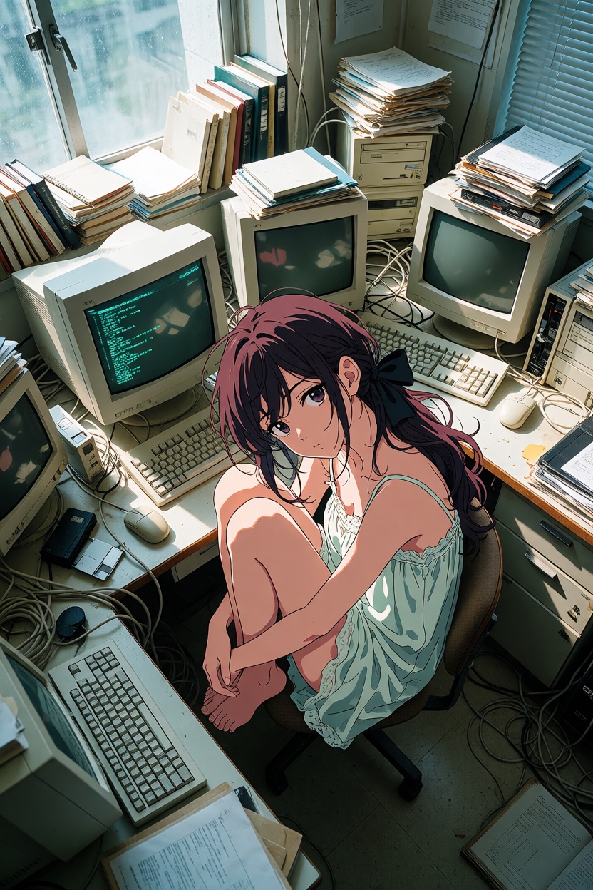 A striking hybrid composition featuring a beautiful young ***** woman rendered entirely in pure 2D cel-anime style,  sitti...