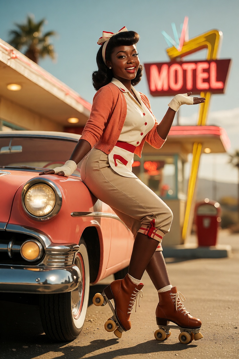a playful retro pinup roller-skating waitress with bright charisma,  with rich ebony skin and refined low-light sheen,  le...