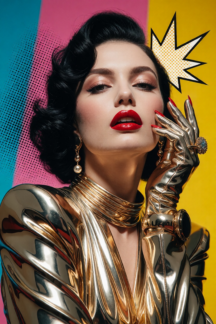 a glamorous portrait with bold lipstick and comic-book punch,  with polished metallic surfaces and elegant synthetic panel...