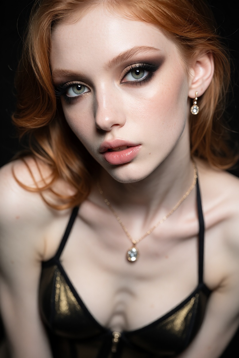 Studio quality close-up photograph. We see a striking and adorable 18 year old with pretty breasts with sensuous and delec...