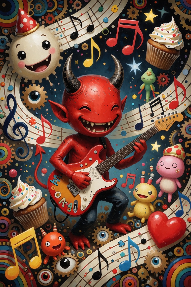 DecoDaal,  A smiling demon plays an electric guitar at the center of an elaborate collection of musical notes,  cartoon fa...