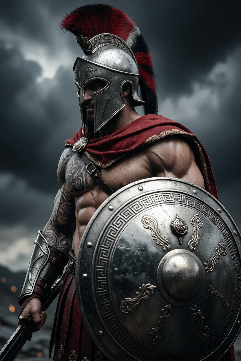 This is a highly detailed,  digital artwork depicting a muscular ancient Greek or Roman warrior in a dramatic,  dark on Te...