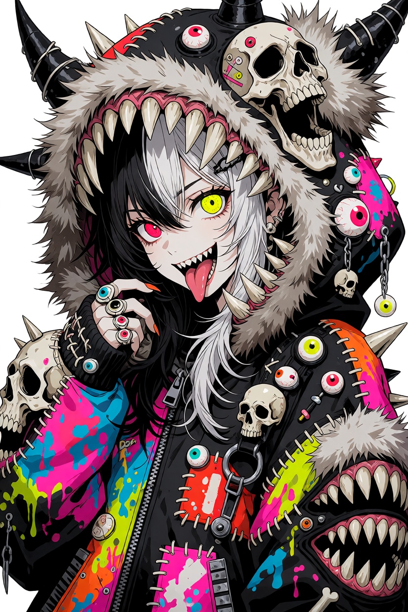 Create an extremely detailed 2D anime illustration in a grotesque-kawaii monster-punk aesthetic. The subject is a beautifu...
